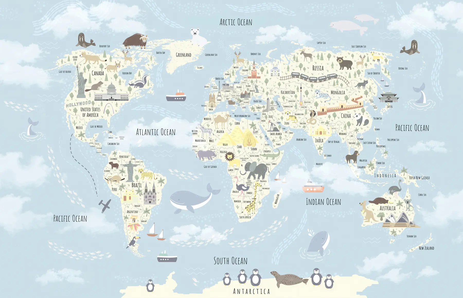 wall murals Children's world map with animals and sights u96587