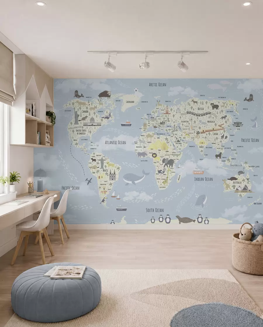 wall murals Children's world map with animals and sights u96587
