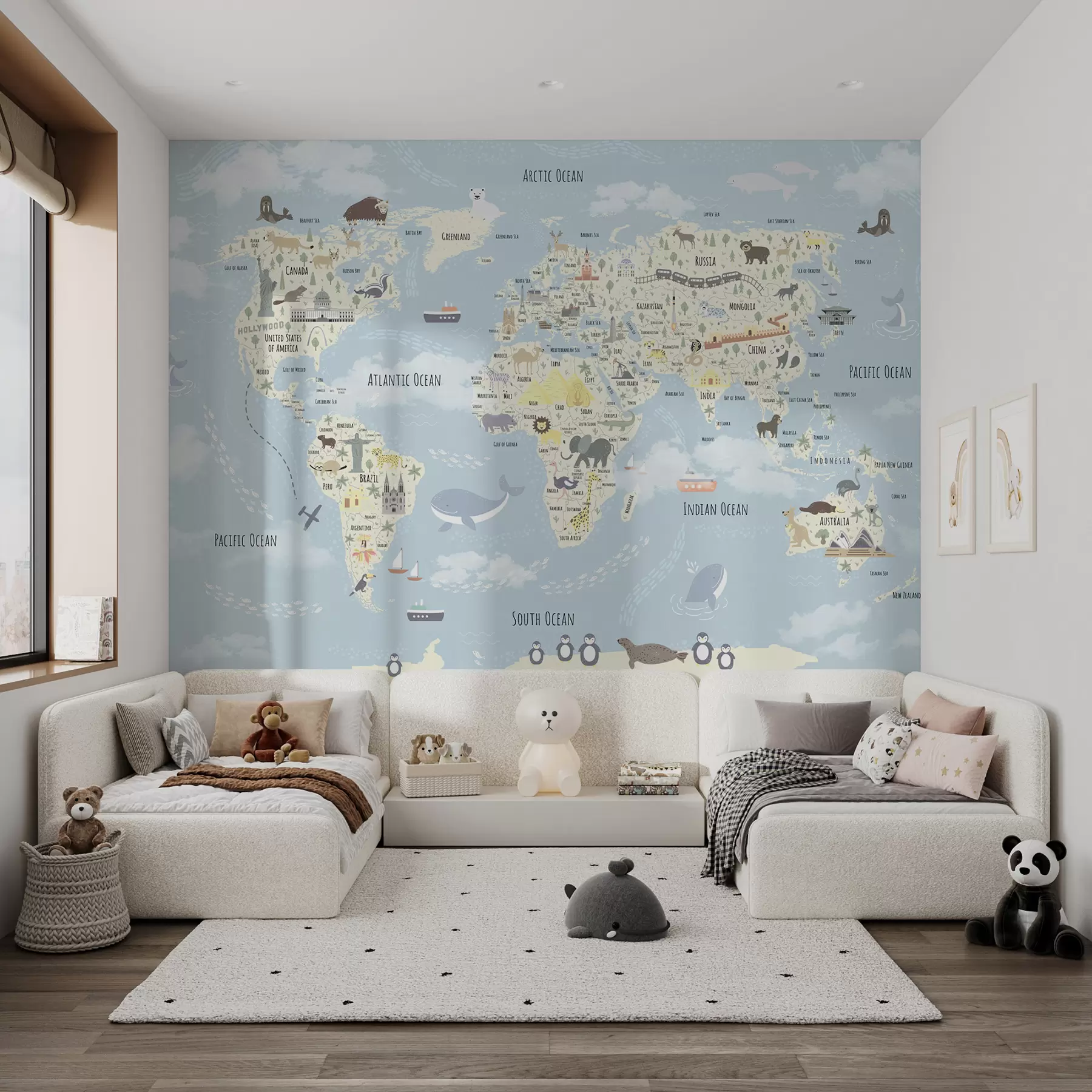 Wall Mural Photo Wallpaper Children's world map with animals and sights u96587