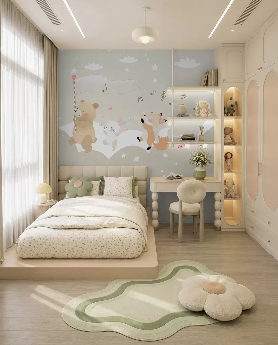 murales Diseño de papel pintado para habitación infantil con simpáticos animales en tonos rosas u98969