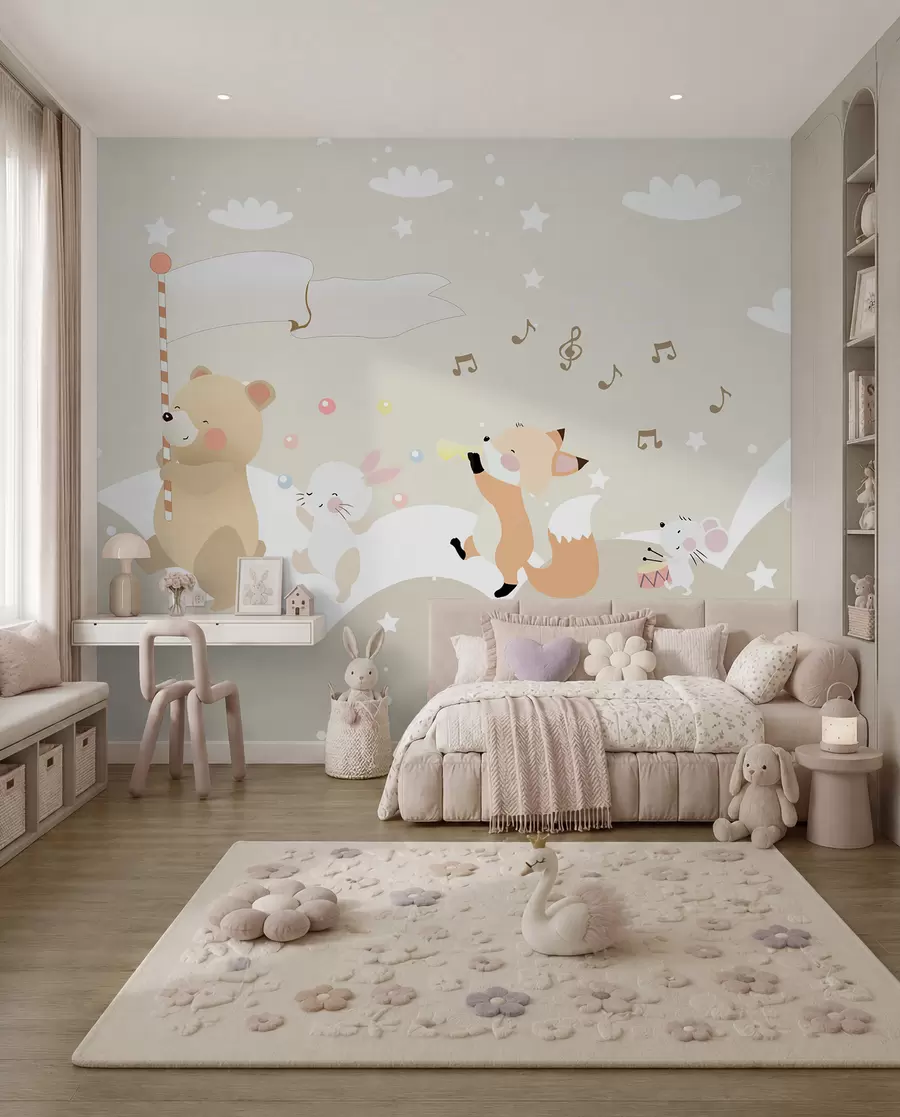 peintures murales Papier peint pour chambre d'enfant avec des animaux mignons dans des couleurs roses u98969