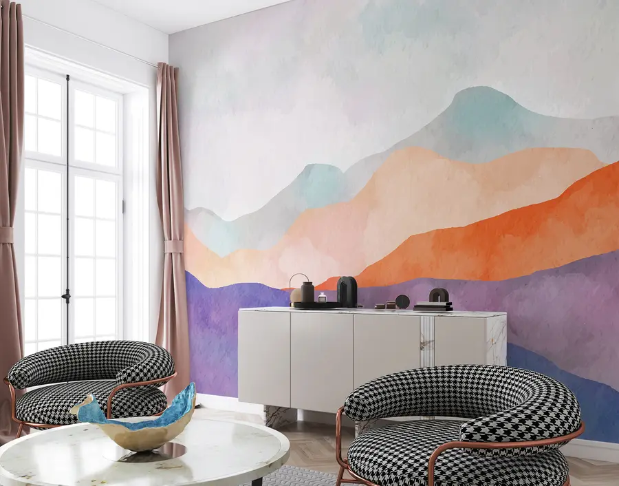 Wall Mural Photo Wallpaper Mountains landscape, abstract drawing, boho style, orange, puple, blue u98991