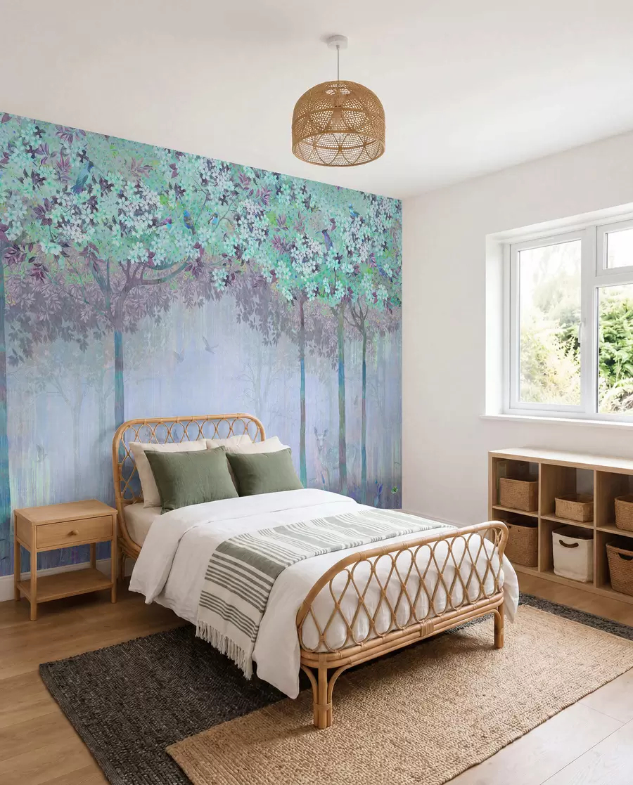 murales Árboles en flor con troncos largos, ciervos entre los árboles u62100v1