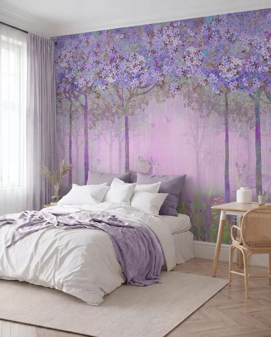 peintures murales Arbres à fleurs avec de longs troncs, cerfs entre les arbres u62100v2