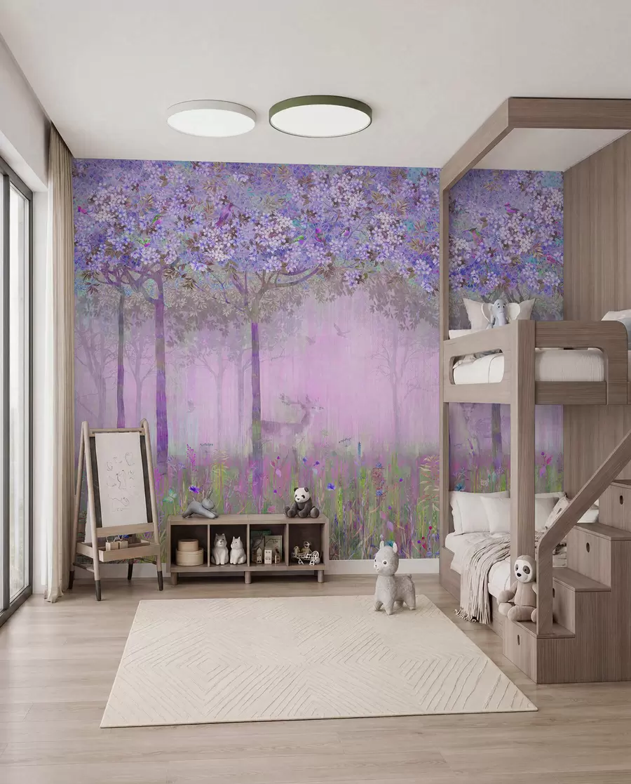 wall murals Flowering trees with long trunks, deer between the trees u62100v2