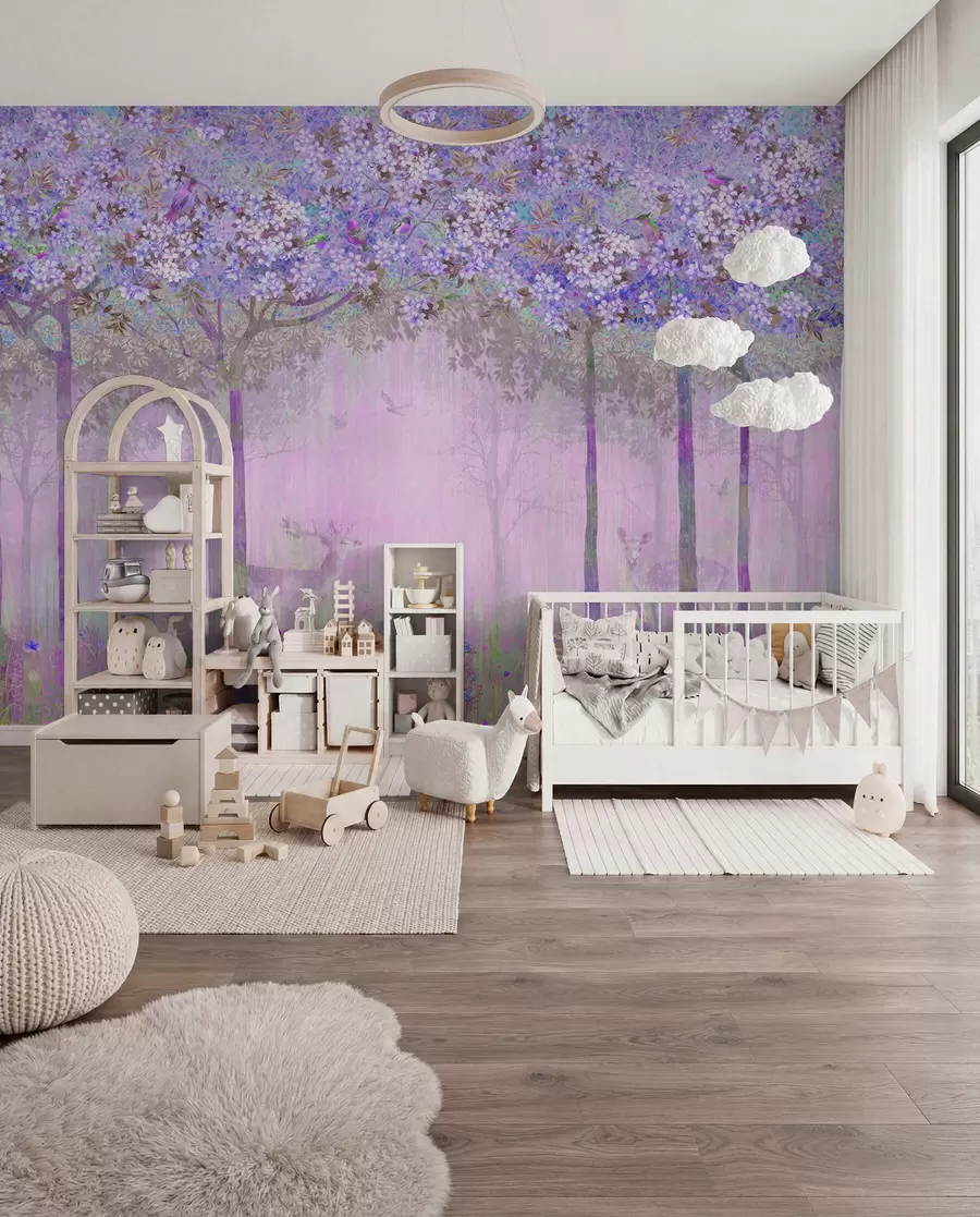 murales Árboles en flor con troncos largos, ciervos entre los árboles u62100v2