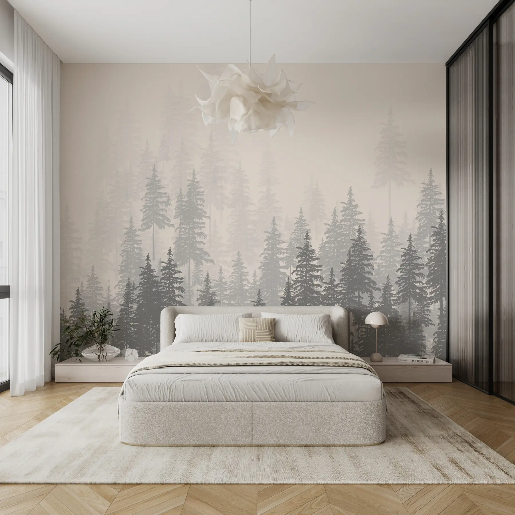 murales Ilustración monocromática de un bosque siempre verde u99076