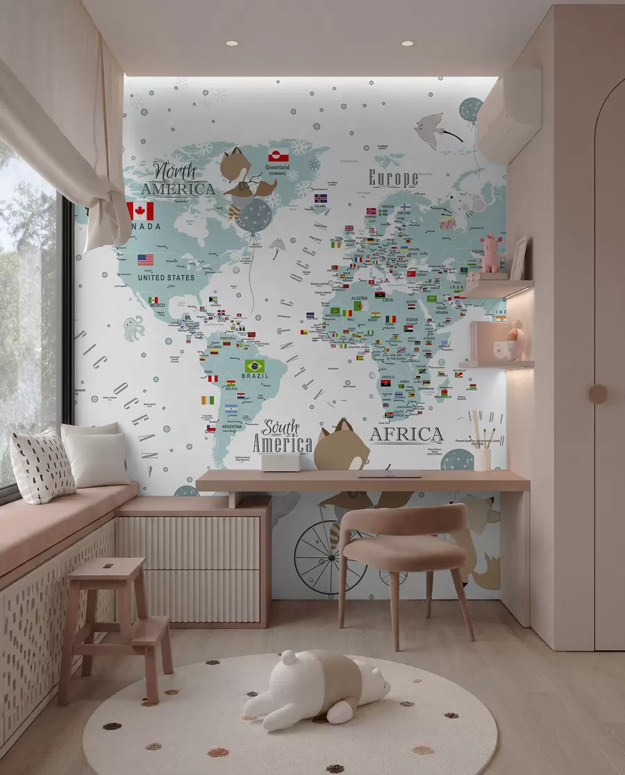 peintures murales Carte du monde pour enfants avec animaux u99228