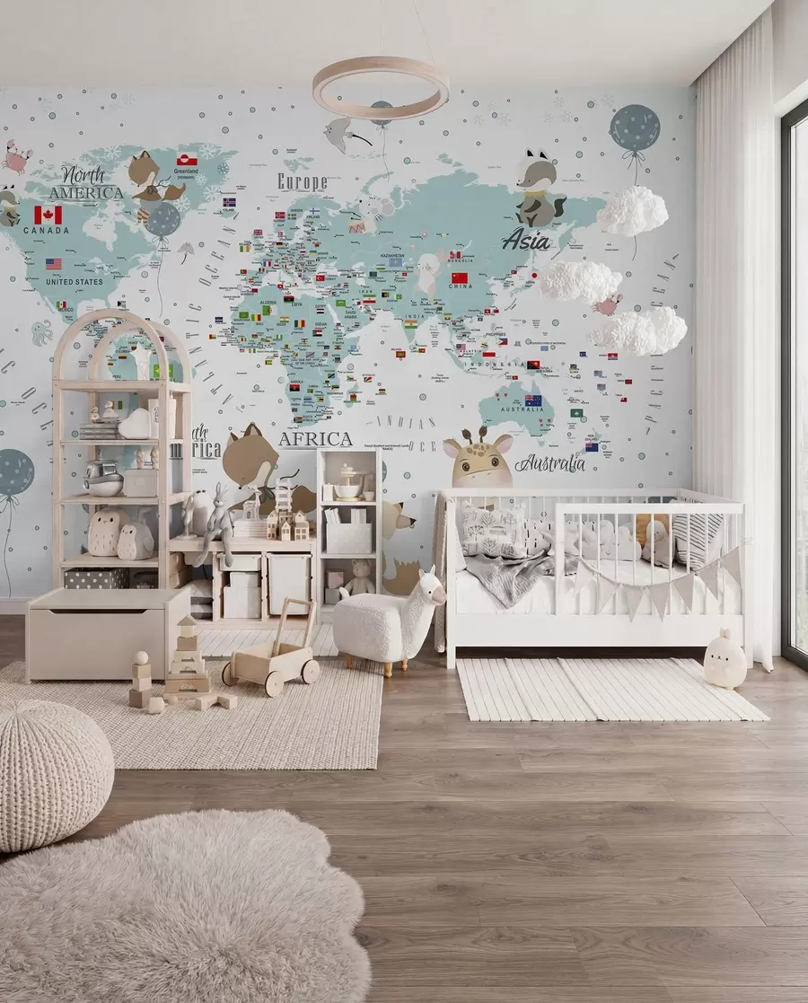 Wall Mural Photo Wallpaper Children's world map with animals u99228