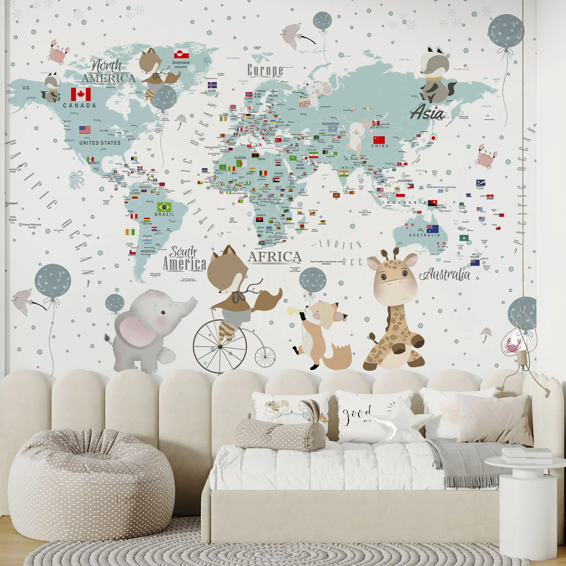 Wall Mural Photo Wallpaper Children's world map with animals u99228