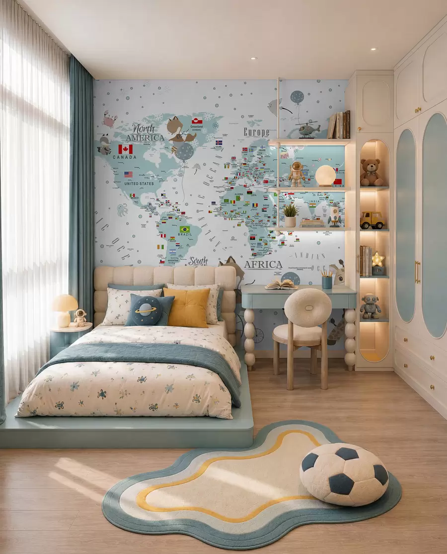 wall murals Children's world map with animals u99228
