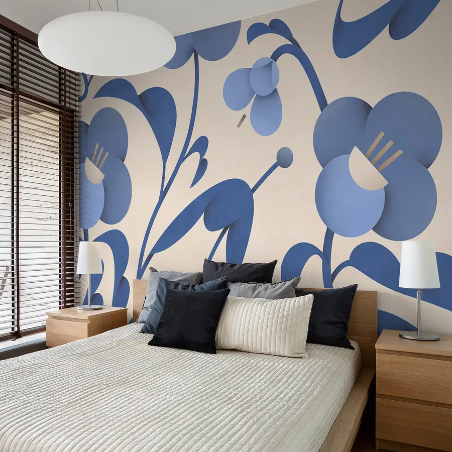 murales Estampado botánico con flores azules decorativas sobre fondo beige u99196v7