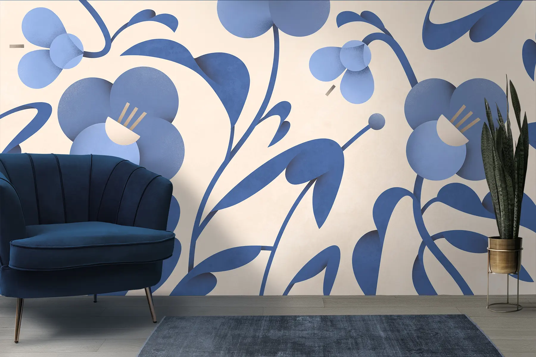 Wall Mural Photo Wallpaper Botanical print with decorative blue flowers on a beige background u99196v7