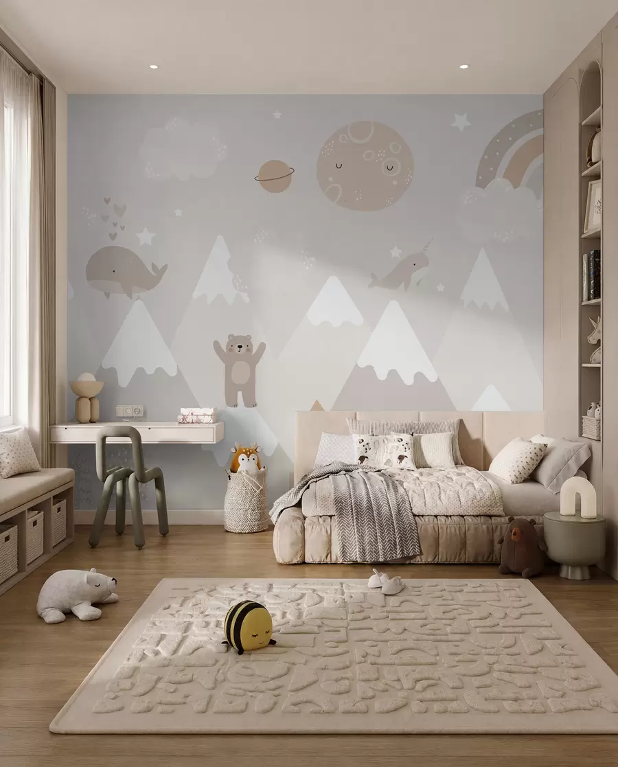 wall murals Mountains with cute animals, clouds and planets, beige colors u99206