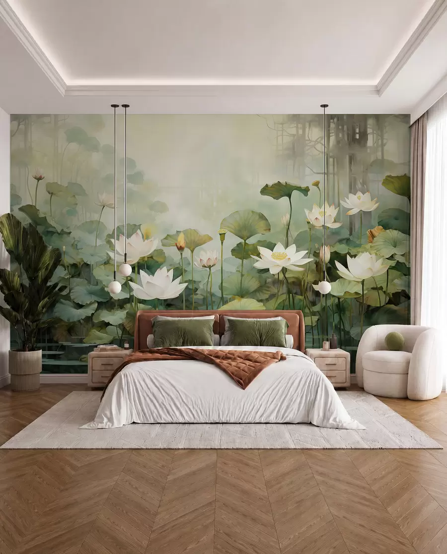 wall murals Lotus flowers in the lake, jungle, tropical art, greenery u99454