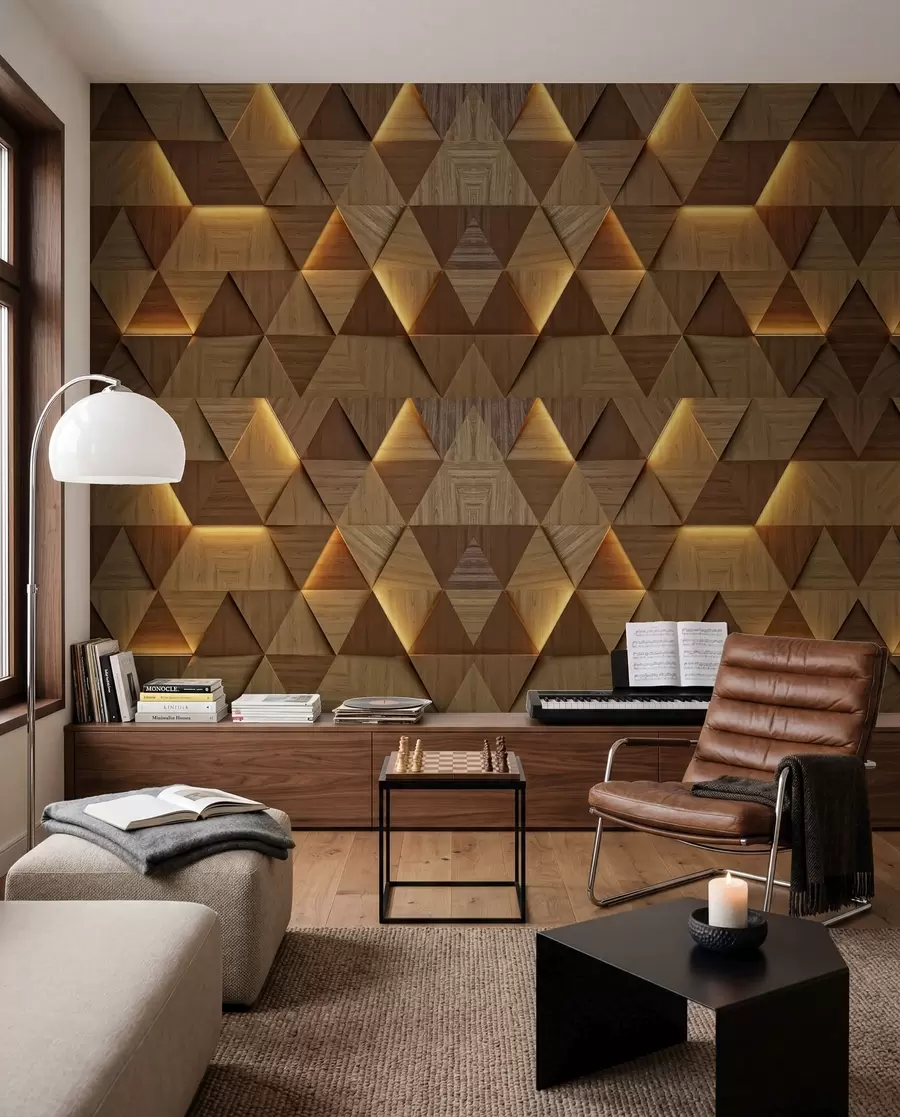 Wall Mural Photo Wallpaper Classic wooden triangles with 3D illumination u99280