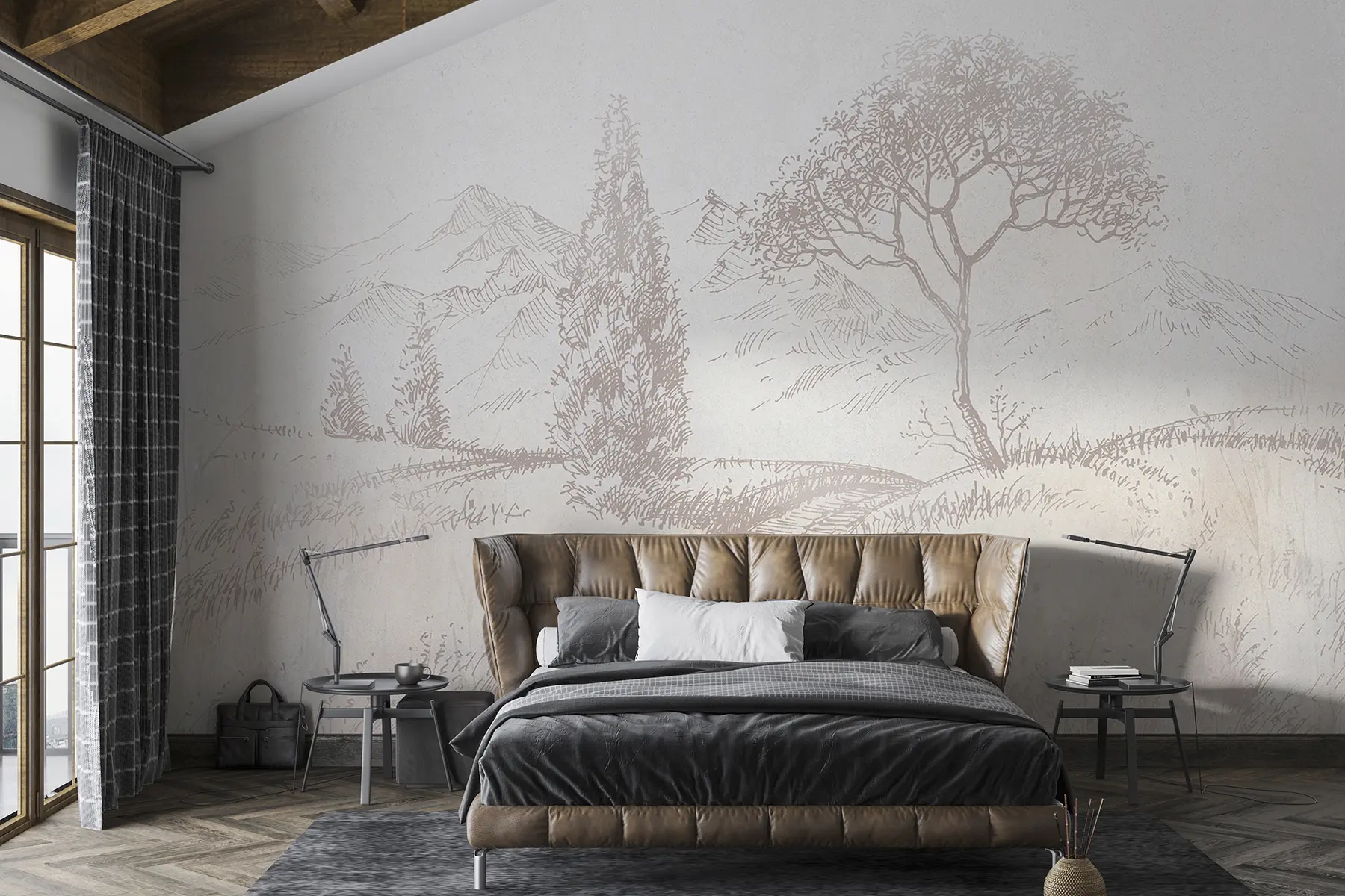 Wall Mural Photo Wallpaper Toscana landscape, tree, field, minimalism, natural beige colors u99570