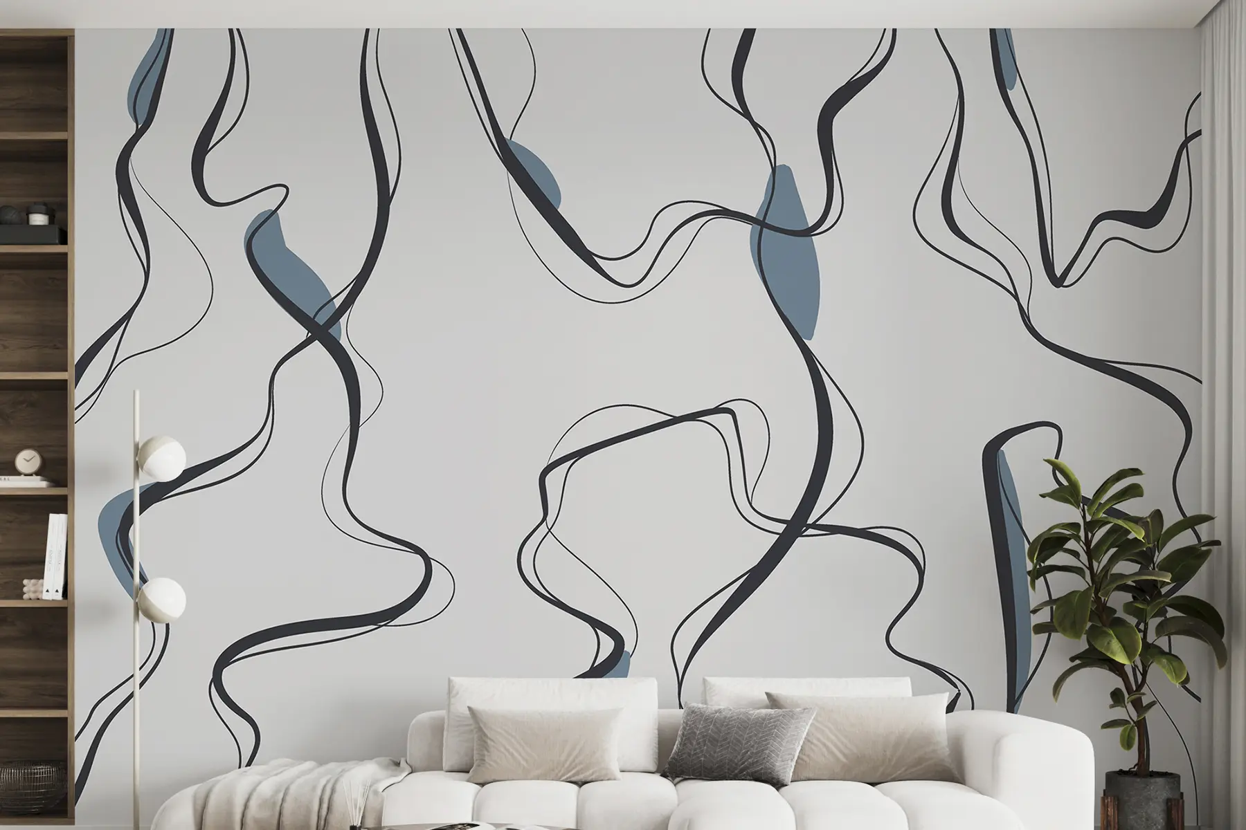 murais de parede Desenho artístico a tinta, padrão abstrato, linhas geométricas, cinzento e azul u99659