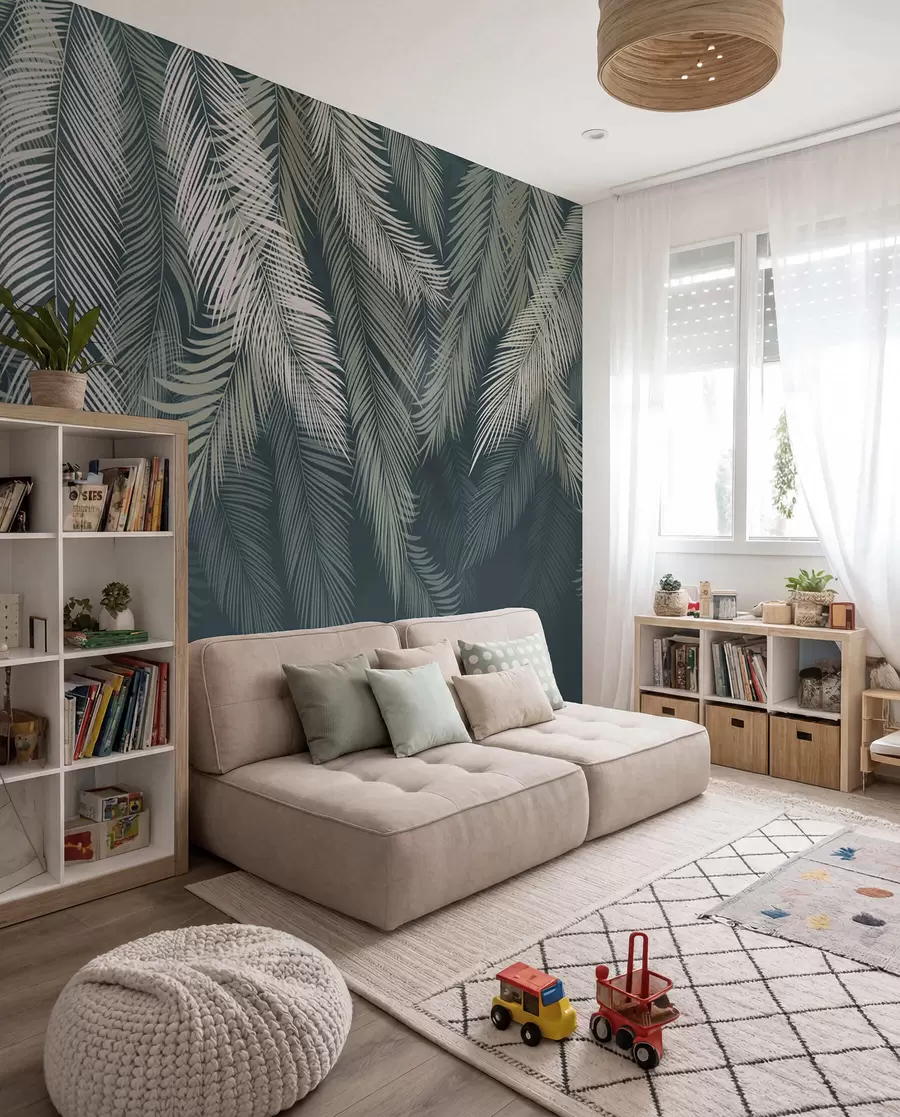 Wall Mural Photo Wallpaper Palm Curtain on Deep Teal II u48556v2d2