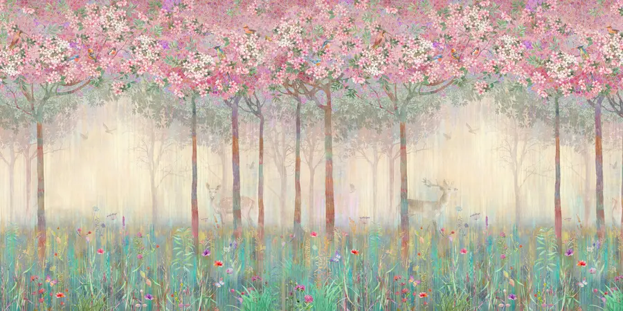 peintures murales Arbres à fleurs avec de longs troncs, cerfs entre les arbres u62100d2