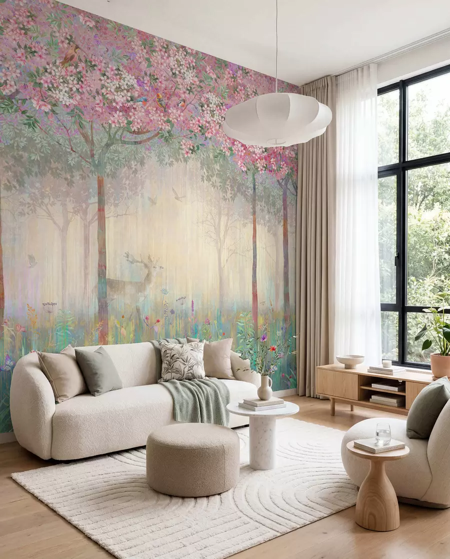 Wall Mural Photo Wallpaper Flowering trees with long trunks, deer between the trees u62100d2