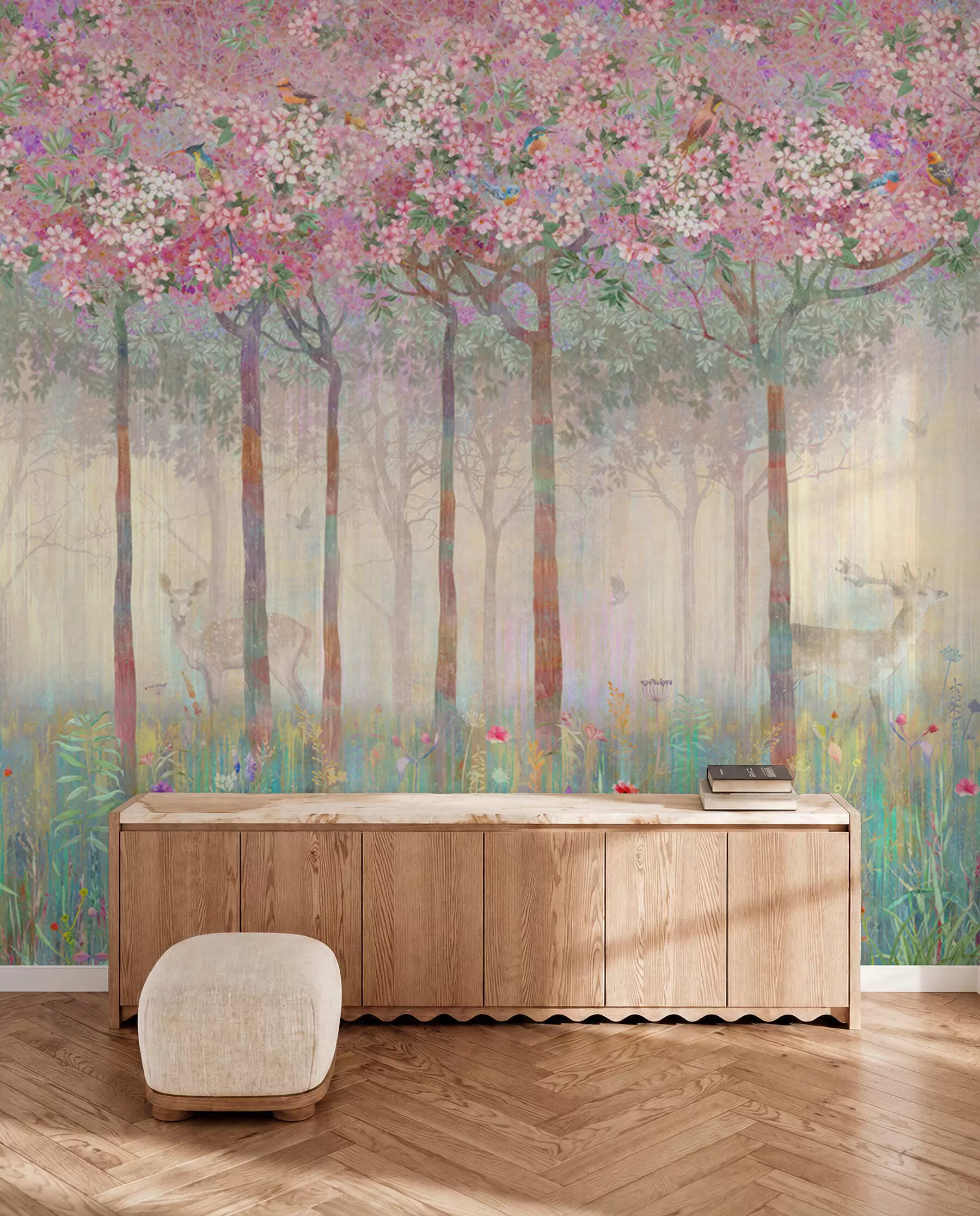 peintures murales Arbres à fleurs avec de longs troncs, cerfs entre les arbres u62100d2