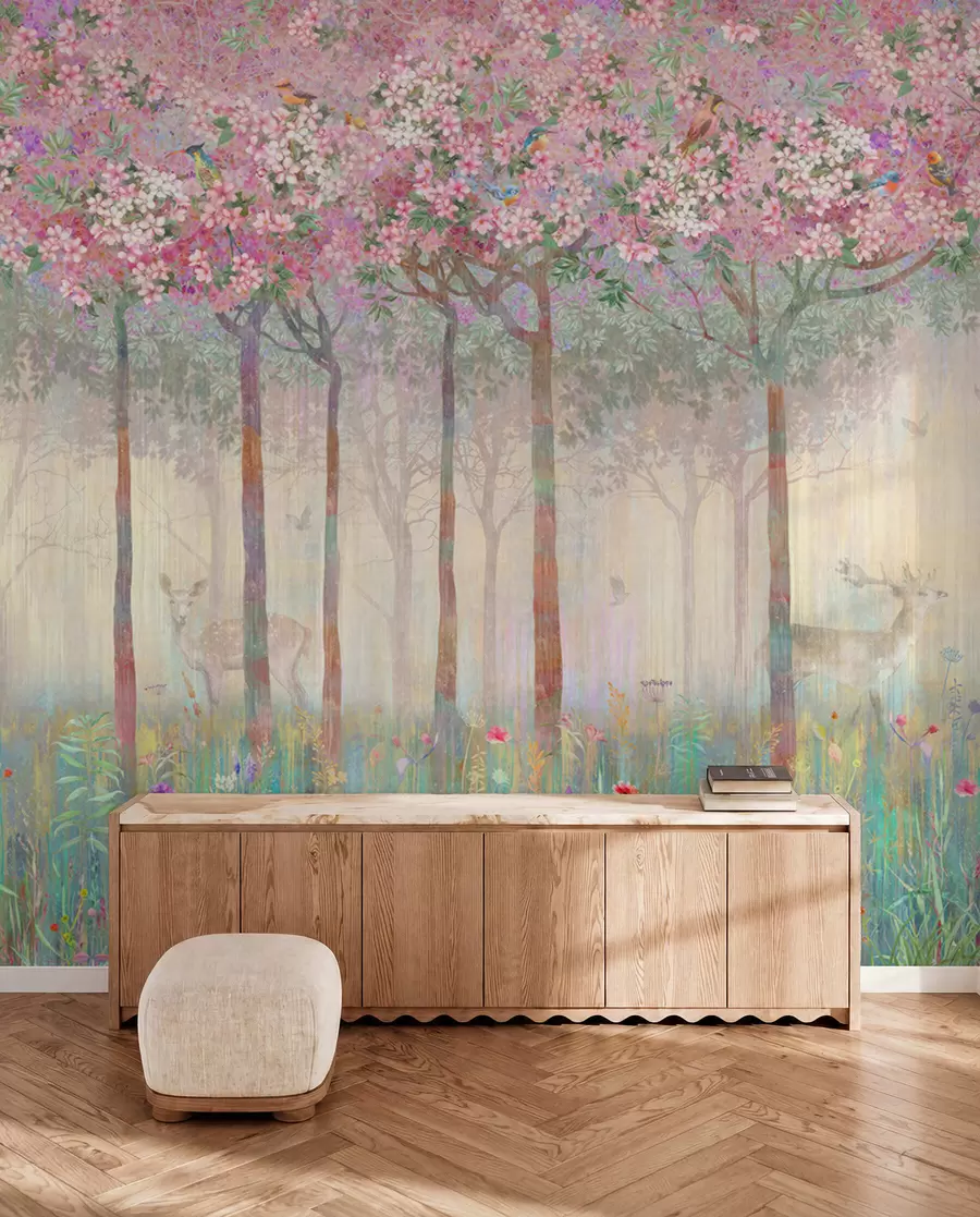 peintures murales Arbres à fleurs avec de longs troncs, cerfs entre les arbres u62100d2
