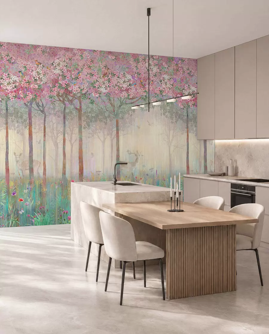 wall murals Flowering trees with long trunks, deer between the trees u62100d2