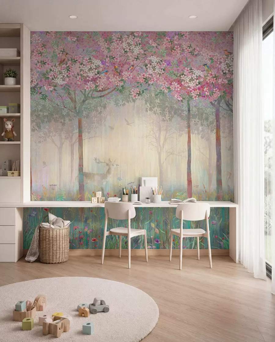 murales Árboles en flor con troncos largos, ciervos entre los árboles u62100d2